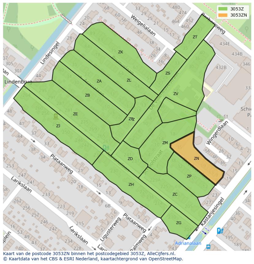 Afbeelding van het postcodegebied 3053 ZN op de kaart.