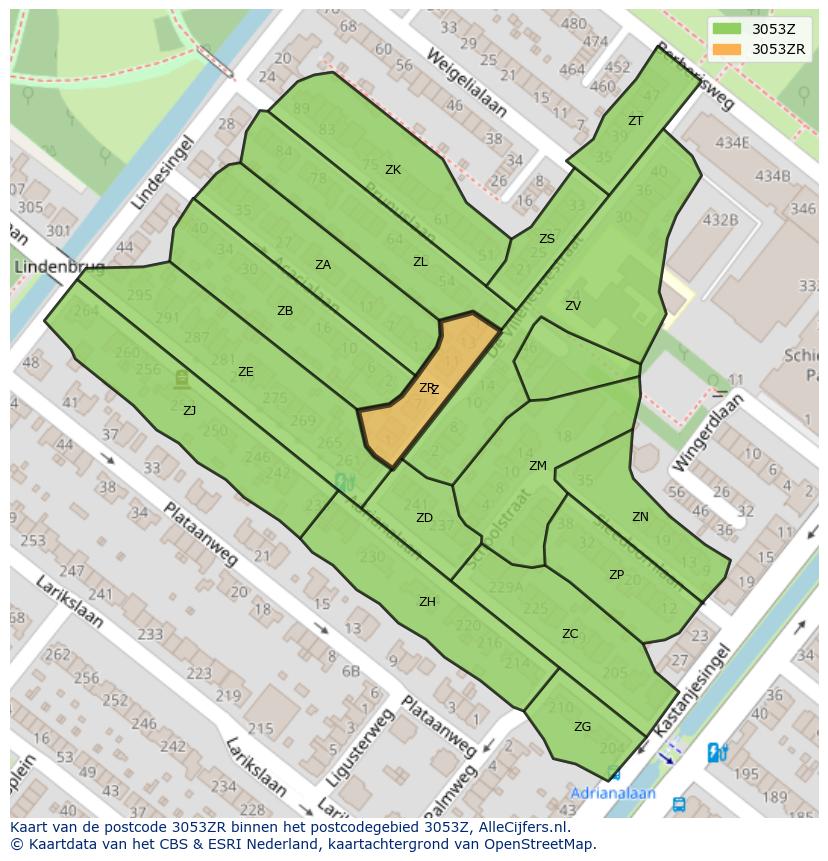 Afbeelding van het postcodegebied 3053 ZR op de kaart.