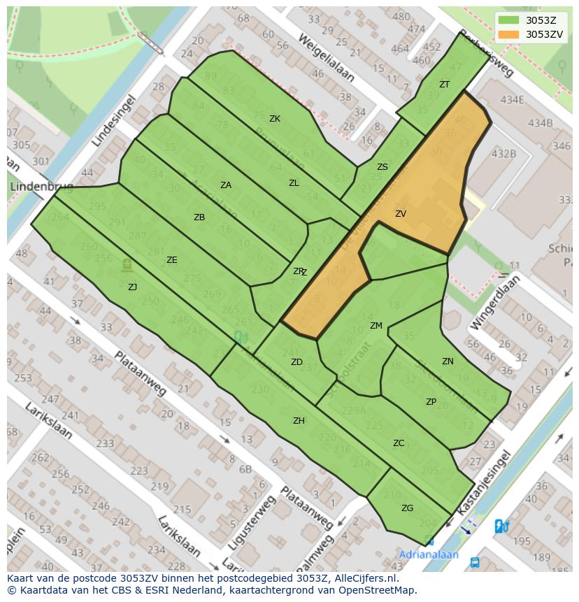 Afbeelding van het postcodegebied 3053 ZV op de kaart.