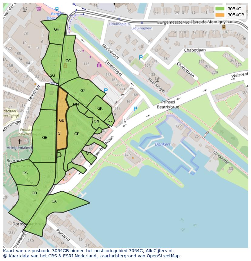 Afbeelding van het postcodegebied 3054 GB op de kaart.