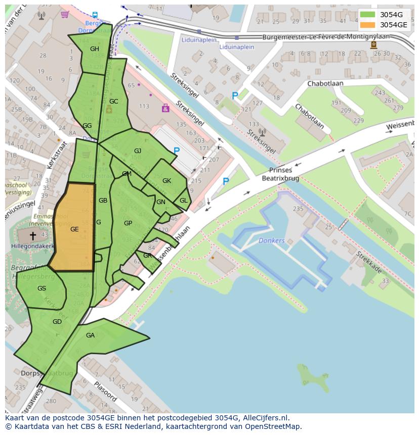 Afbeelding van het postcodegebied 3054 GE op de kaart.