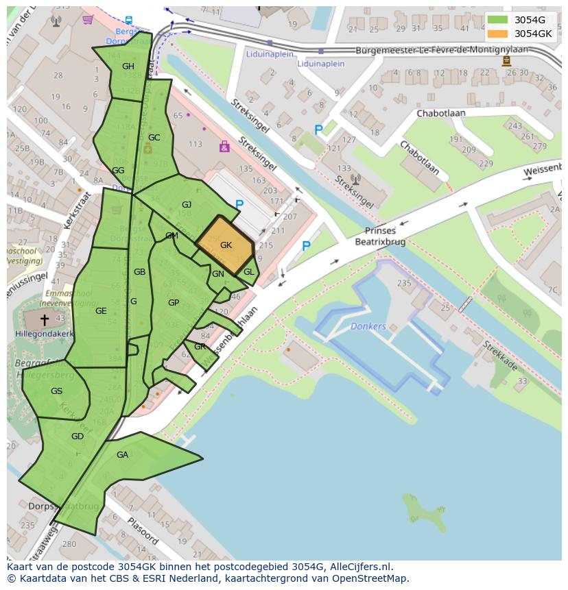 Afbeelding van het postcodegebied 3054 GK op de kaart.