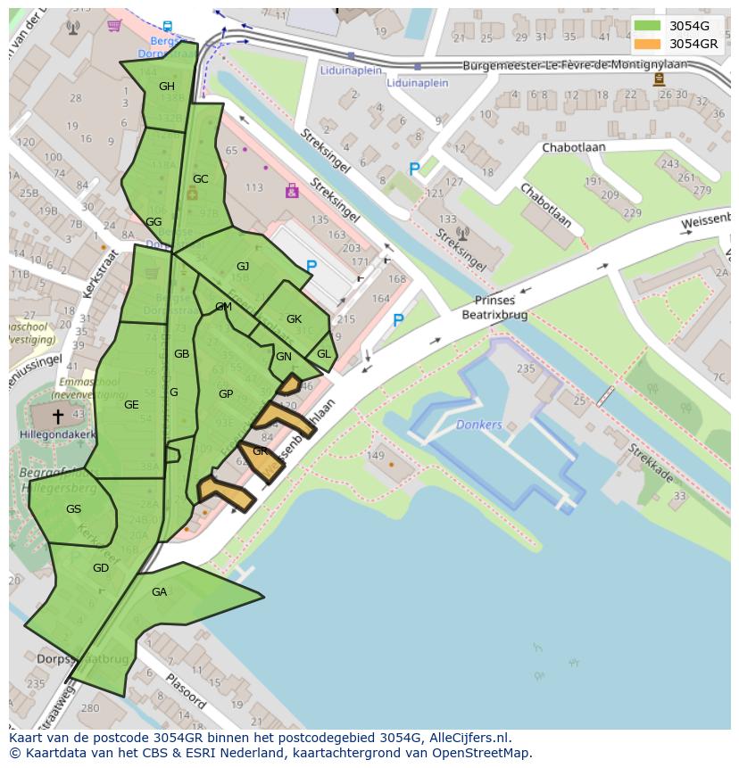 Afbeelding van het postcodegebied 3054 GR op de kaart.