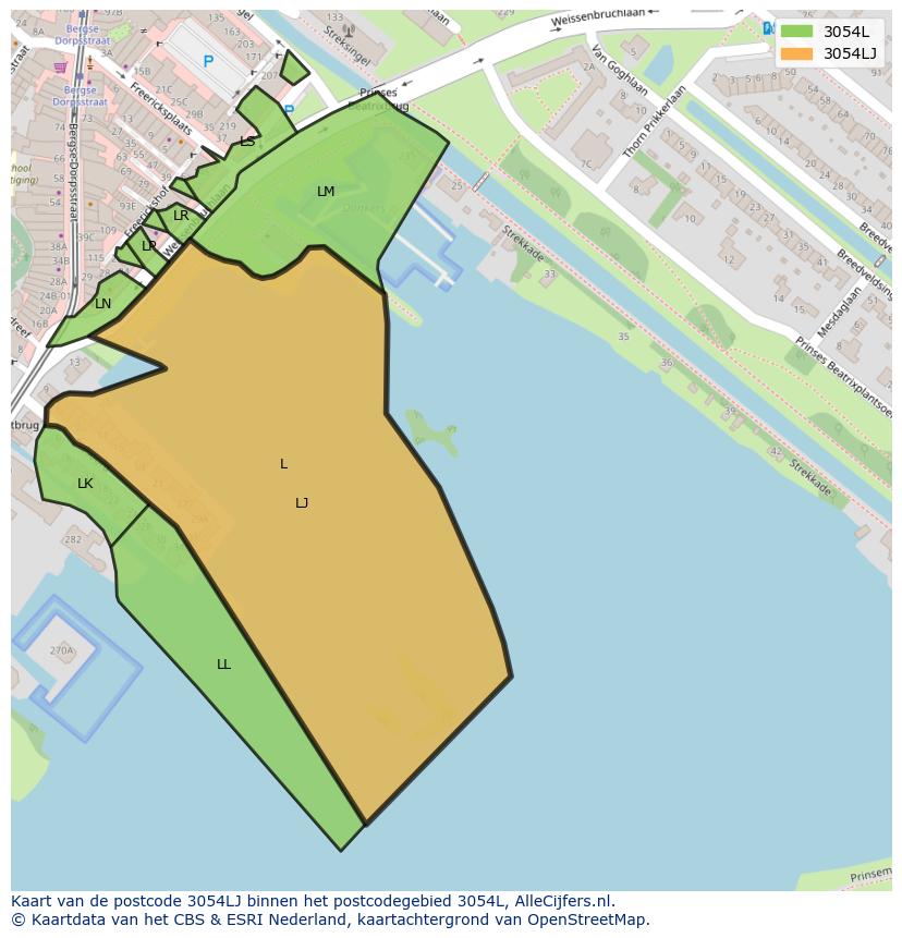 Afbeelding van het postcodegebied 3054 LJ op de kaart.