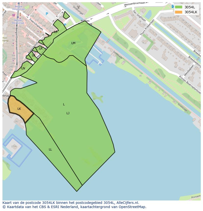 Afbeelding van het postcodegebied 3054 LK op de kaart.