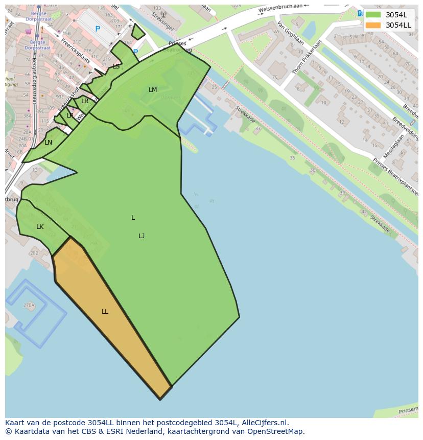 Afbeelding van het postcodegebied 3054 LL op de kaart.