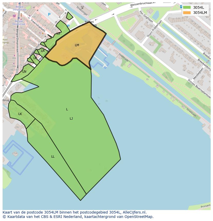 Afbeelding van het postcodegebied 3054 LM op de kaart.