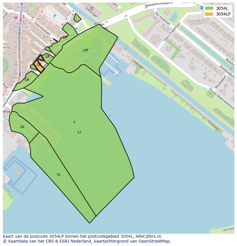 Afbeelding van het postcodegebied 3054 LP op de kaart.