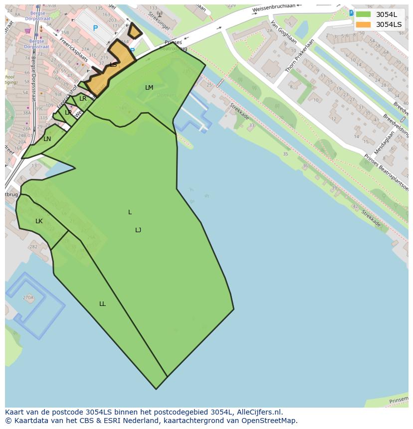 Afbeelding van het postcodegebied 3054 LS op de kaart.
