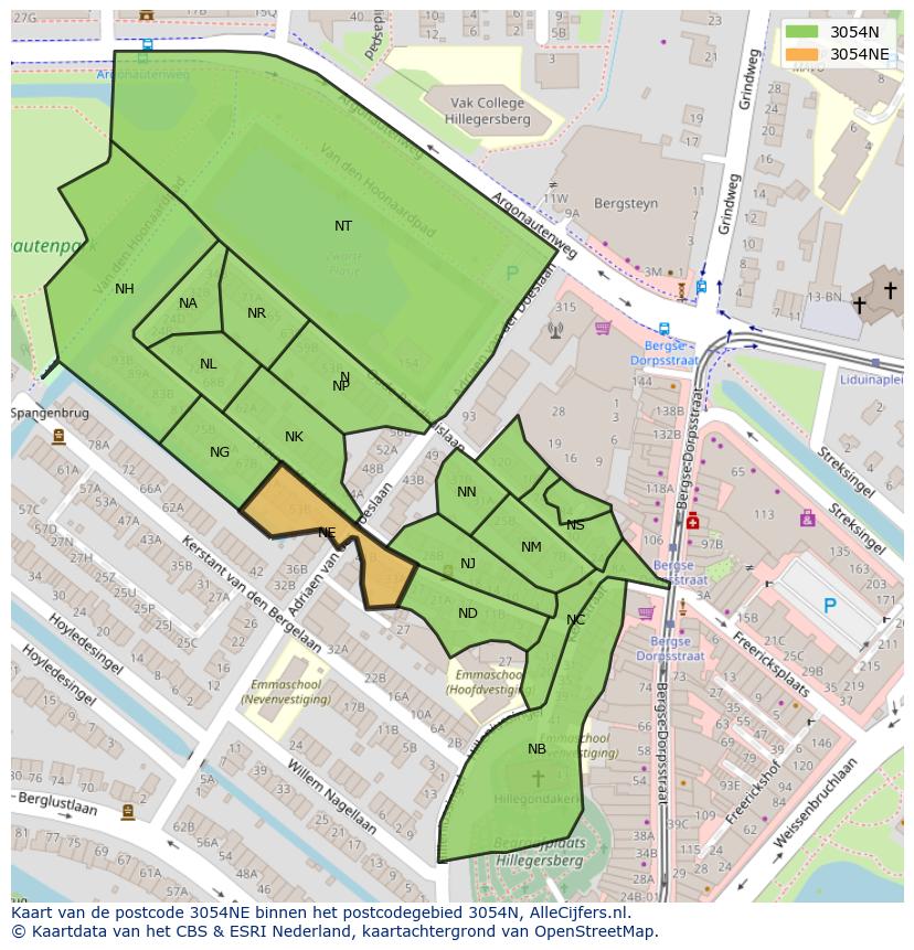 Afbeelding van het postcodegebied 3054 NE op de kaart.