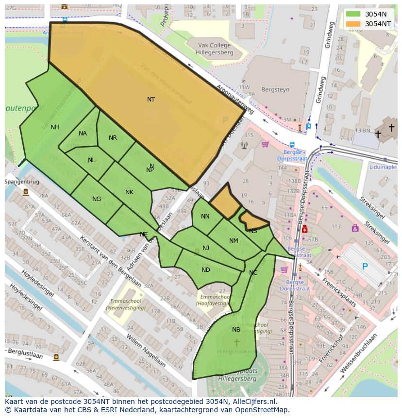 Afbeelding van het postcodegebied 3054 NT op de kaart.