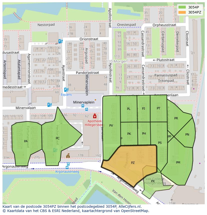 Afbeelding van het postcodegebied 3054 PZ op de kaart.