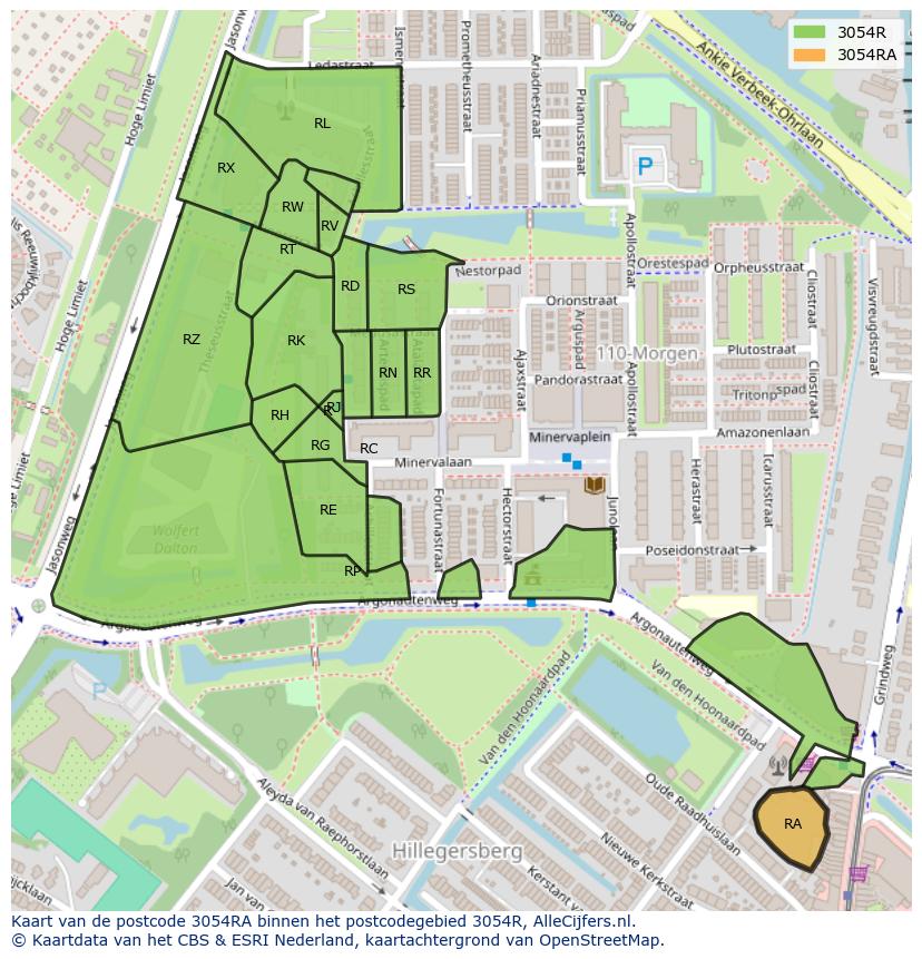 Afbeelding van het postcodegebied 3054 RA op de kaart.