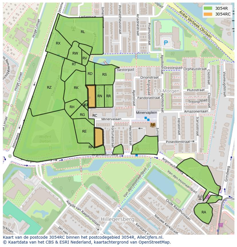 Afbeelding van het postcodegebied 3054 RC op de kaart.