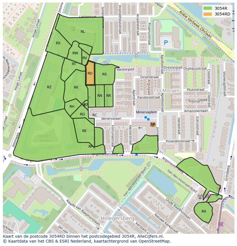 Afbeelding van het postcodegebied 3054 RD op de kaart.