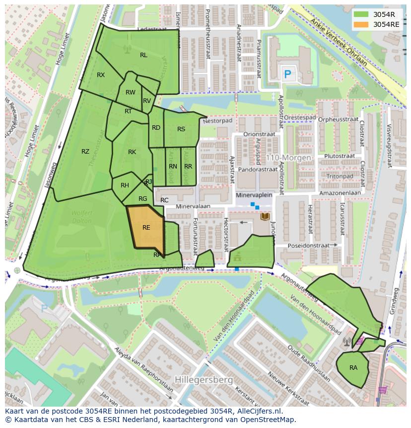Afbeelding van het postcodegebied 3054 RE op de kaart.