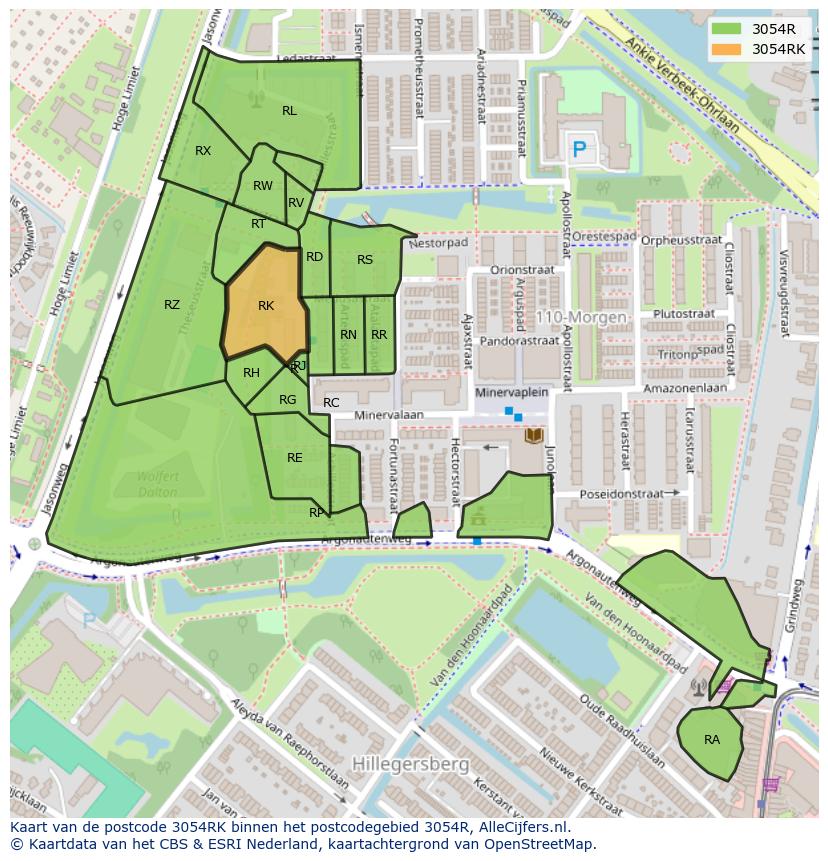 Afbeelding van het postcodegebied 3054 RK op de kaart.