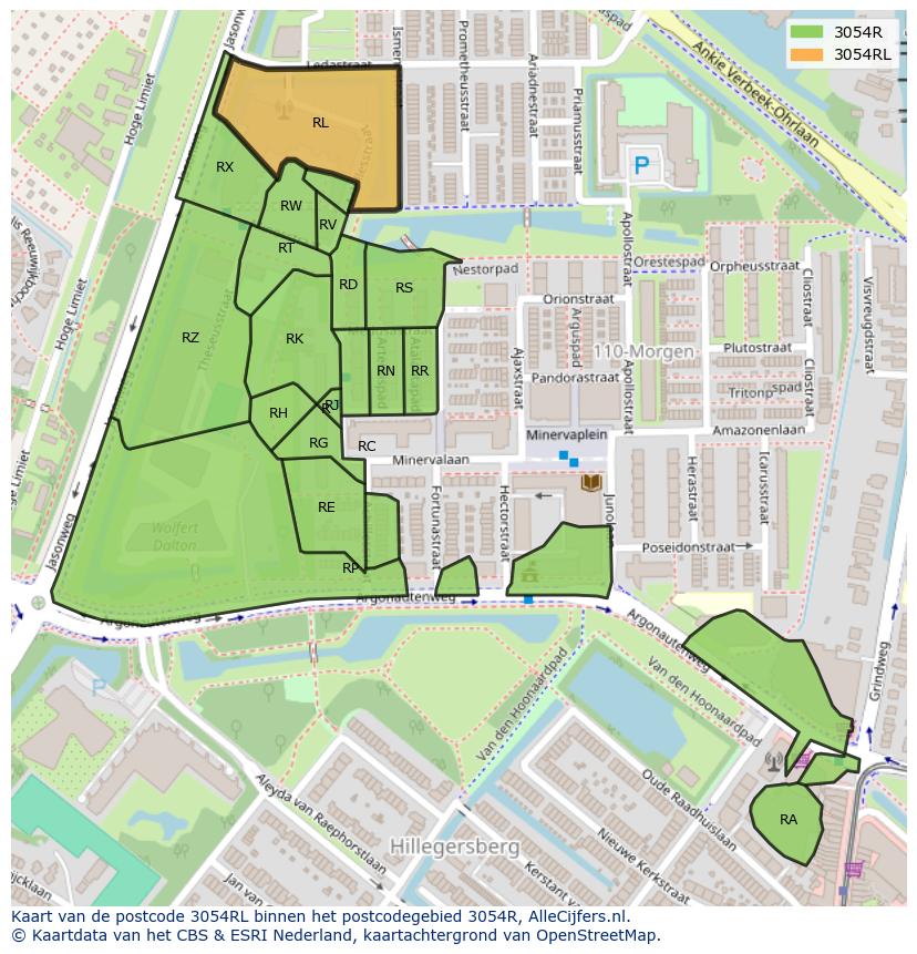 Afbeelding van het postcodegebied 3054 RL op de kaart.
