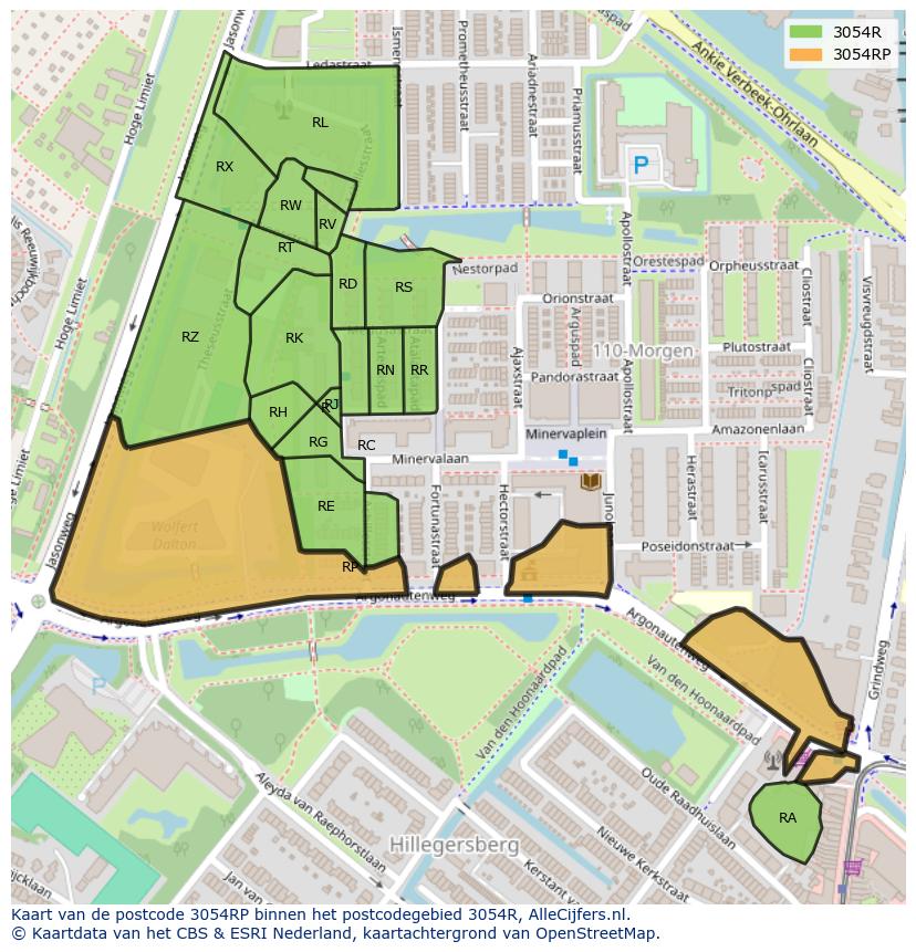 Afbeelding van het postcodegebied 3054 RP op de kaart.