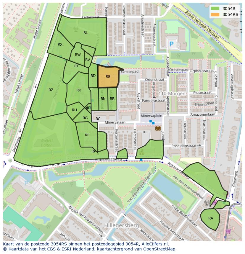 Afbeelding van het postcodegebied 3054 RS op de kaart.