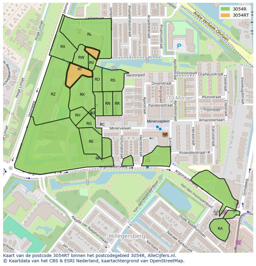 Afbeelding van het postcodegebied 3054 RT op de kaart.