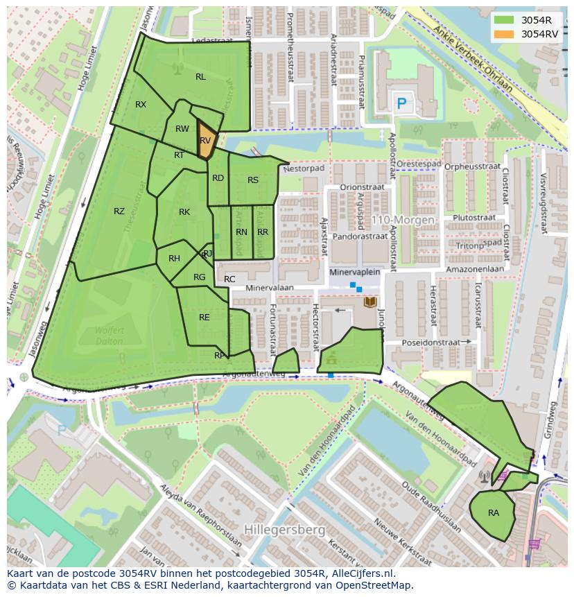 Afbeelding van het postcodegebied 3054 RV op de kaart.