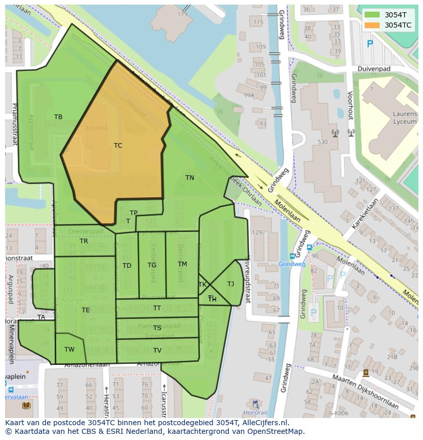 Afbeelding van het postcodegebied 3054 TC op de kaart.