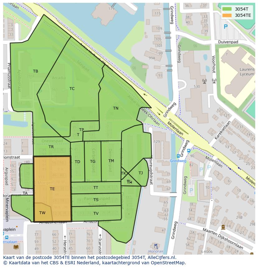 Afbeelding van het postcodegebied 3054 TE op de kaart.