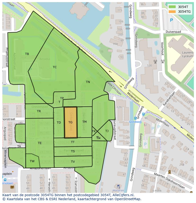 Afbeelding van het postcodegebied 3054 TG op de kaart.