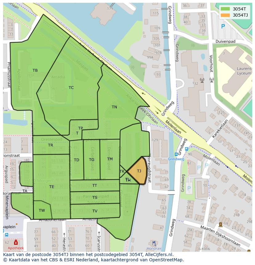 Afbeelding van het postcodegebied 3054 TJ op de kaart.