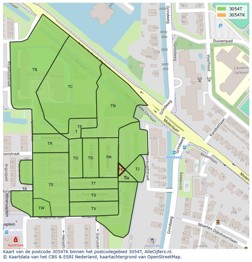 Afbeelding van het postcodegebied 3054 TK op de kaart.