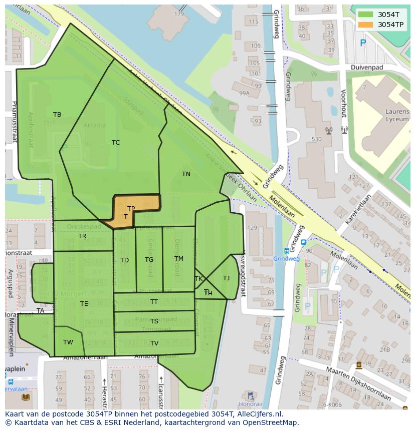 Afbeelding van het postcodegebied 3054 TP op de kaart.
