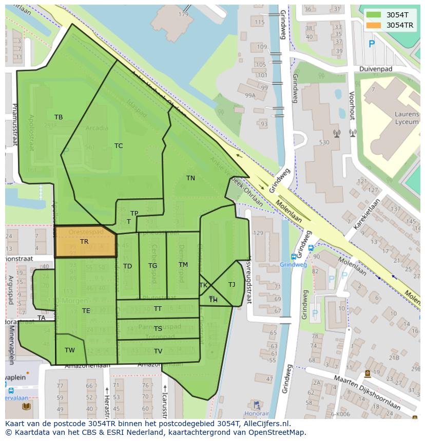 Afbeelding van het postcodegebied 3054 TR op de kaart.