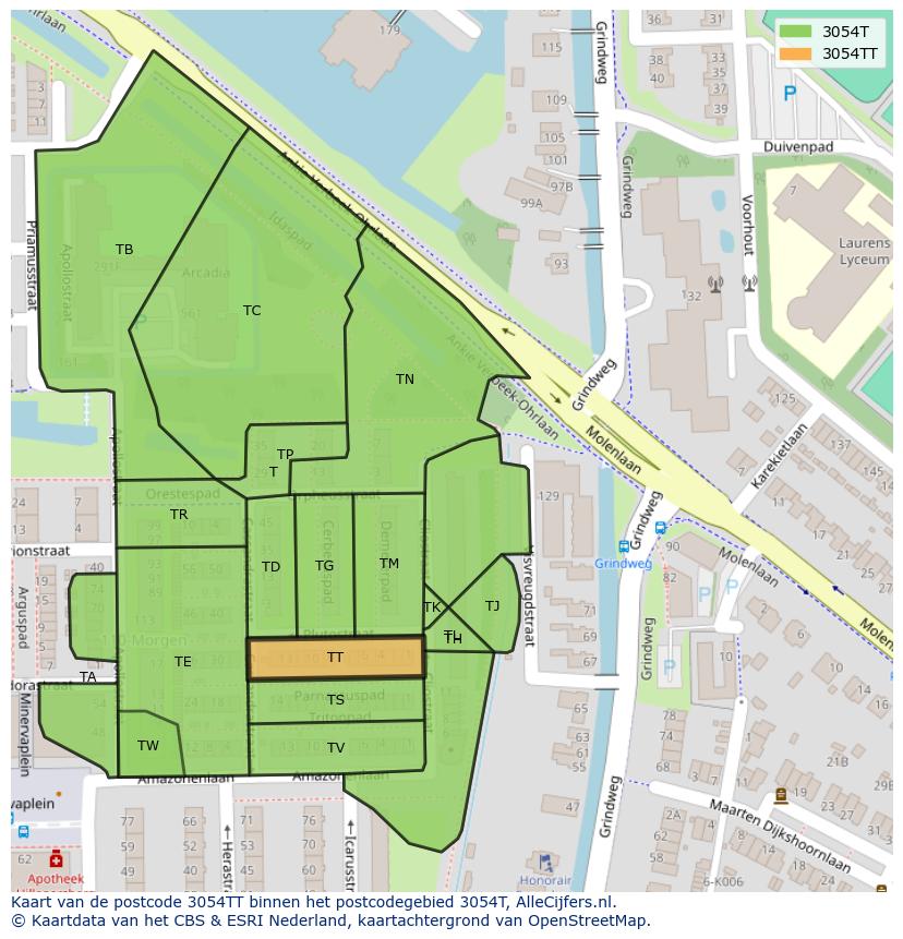Afbeelding van het postcodegebied 3054 TT op de kaart.