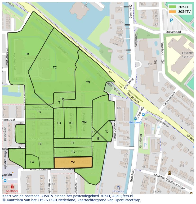 Afbeelding van het postcodegebied 3054 TV op de kaart.
