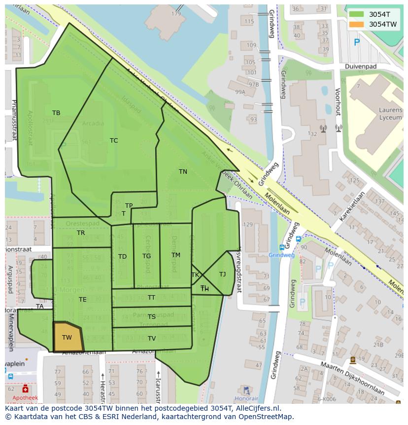Afbeelding van het postcodegebied 3054 TW op de kaart.