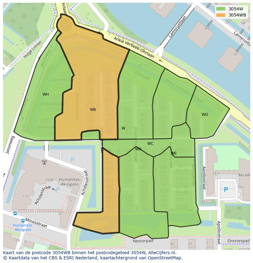 Afbeelding van het postcodegebied 3054 WB op de kaart.