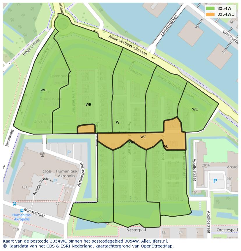 Afbeelding van het postcodegebied 3054 WC op de kaart.
