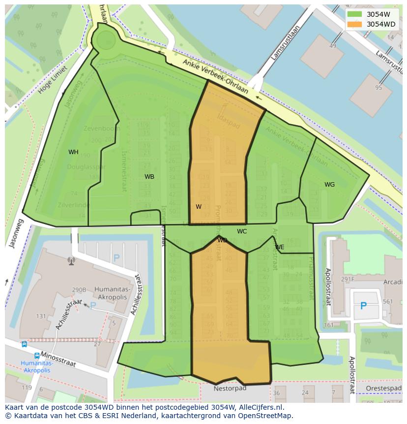 Afbeelding van het postcodegebied 3054 WD op de kaart.