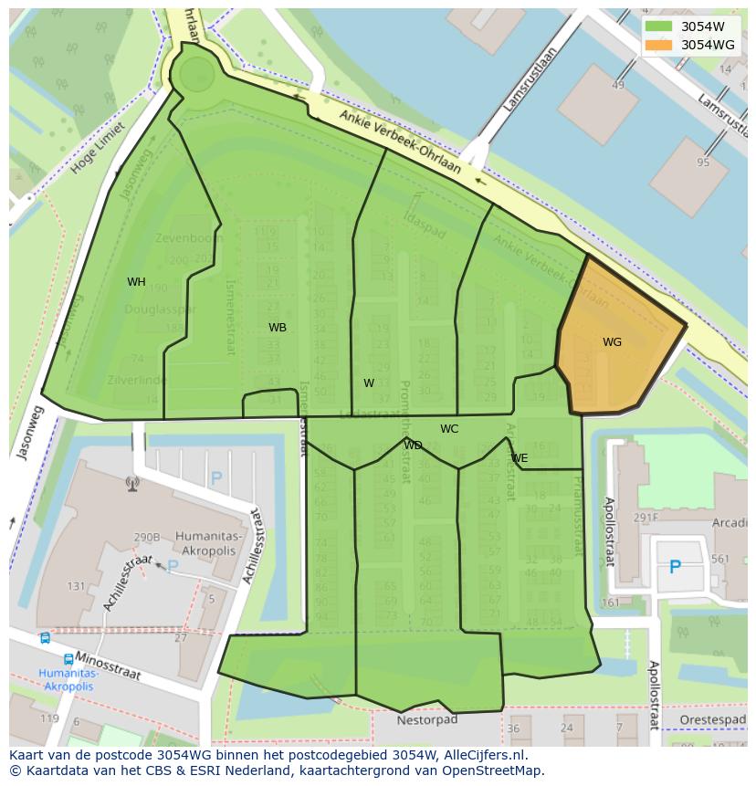 Afbeelding van het postcodegebied 3054 WG op de kaart.