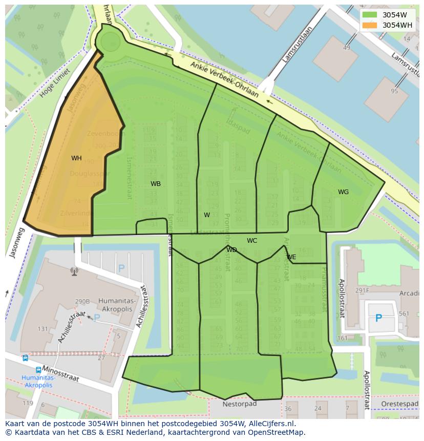 Afbeelding van het postcodegebied 3054 WH op de kaart.