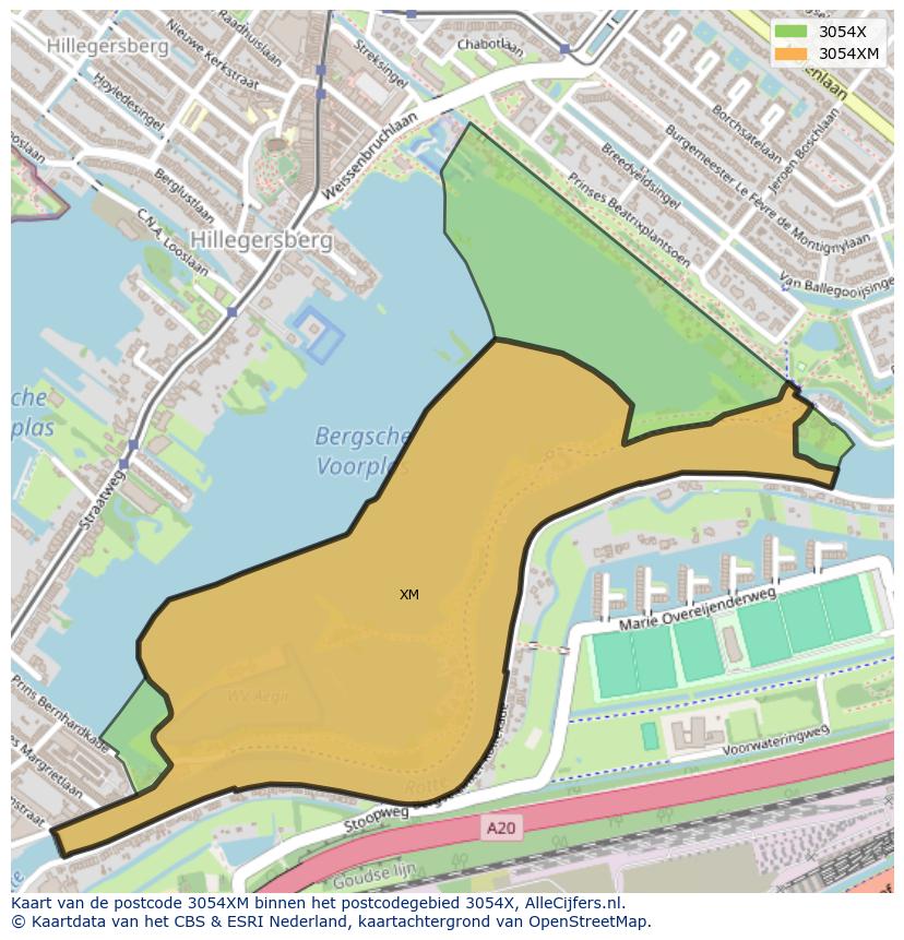 Afbeelding van het postcodegebied 3054 XM op de kaart.