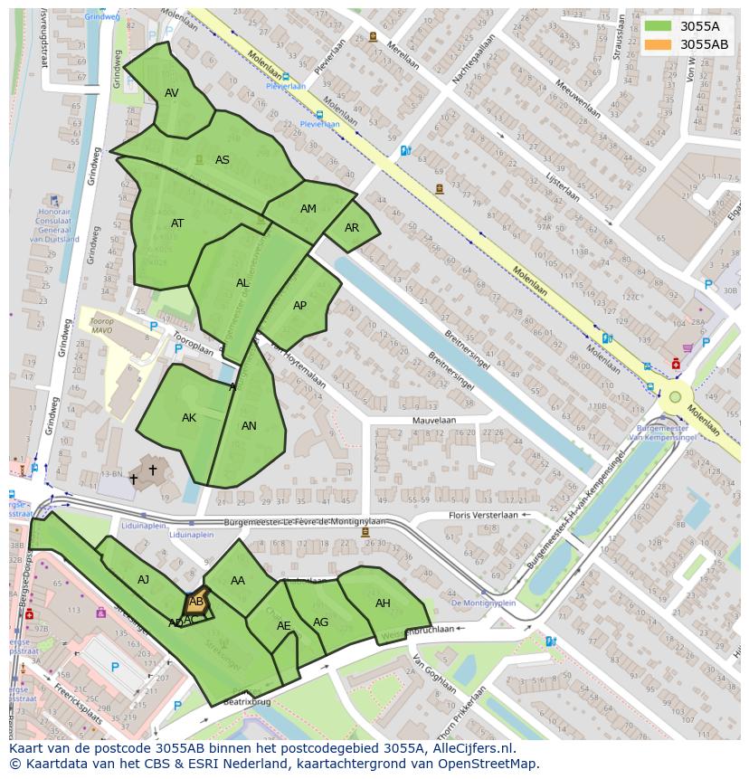 Afbeelding van het postcodegebied 3055 AB op de kaart.