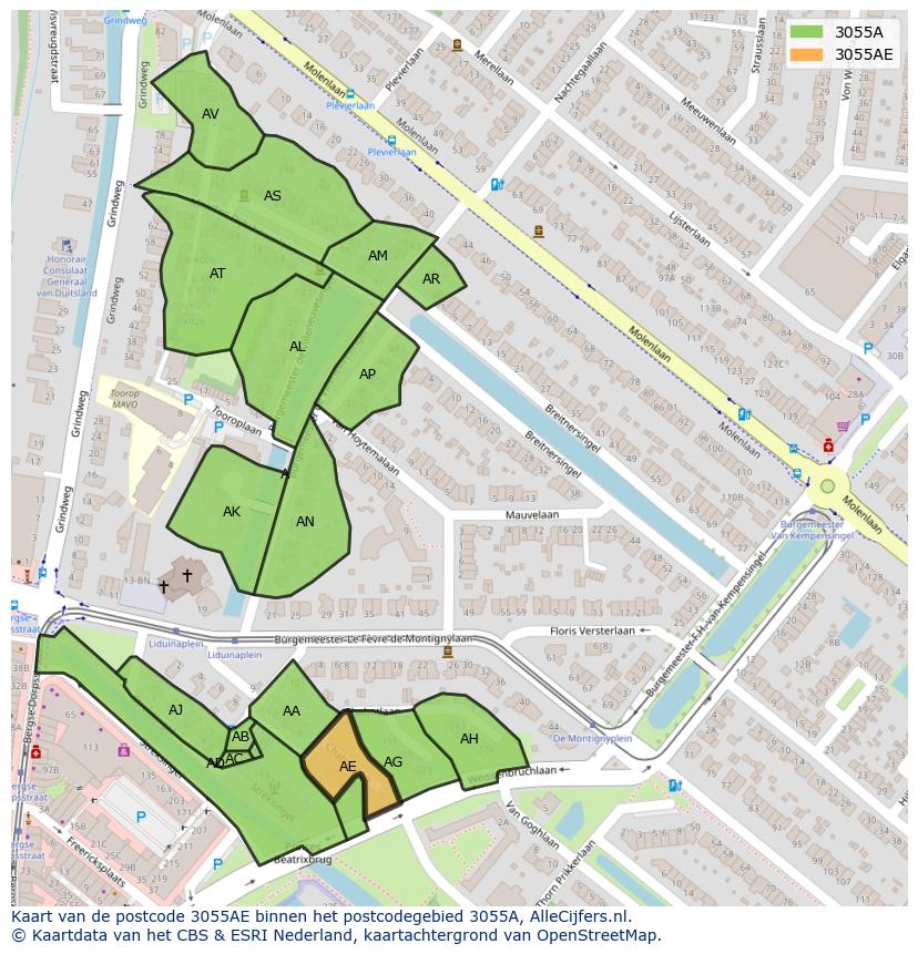 Afbeelding van het postcodegebied 3055 AE op de kaart.