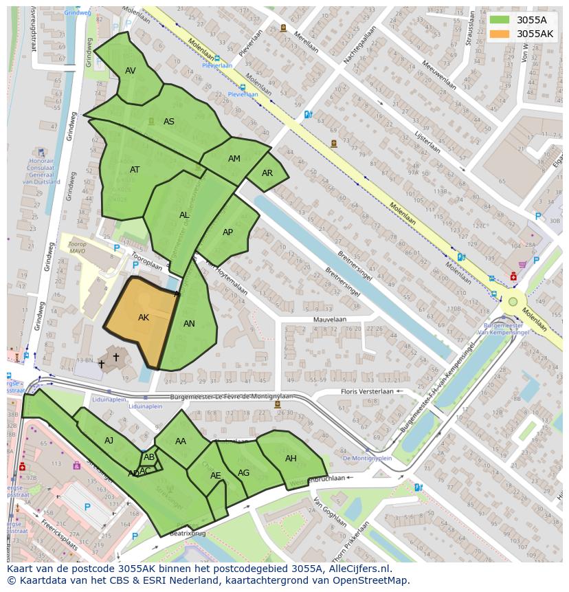 Afbeelding van het postcodegebied 3055 AK op de kaart.