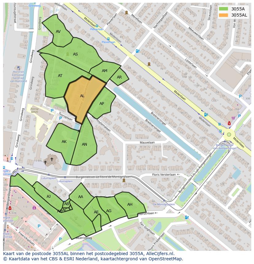 Afbeelding van het postcodegebied 3055 AL op de kaart.