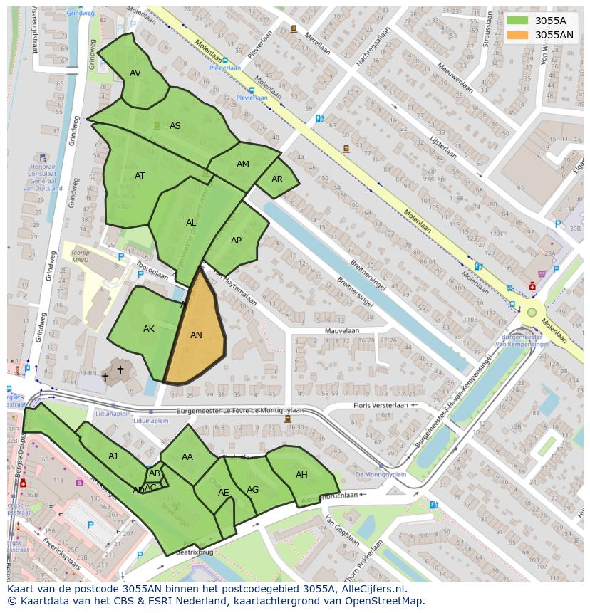 Afbeelding van het postcodegebied 3055 AN op de kaart.