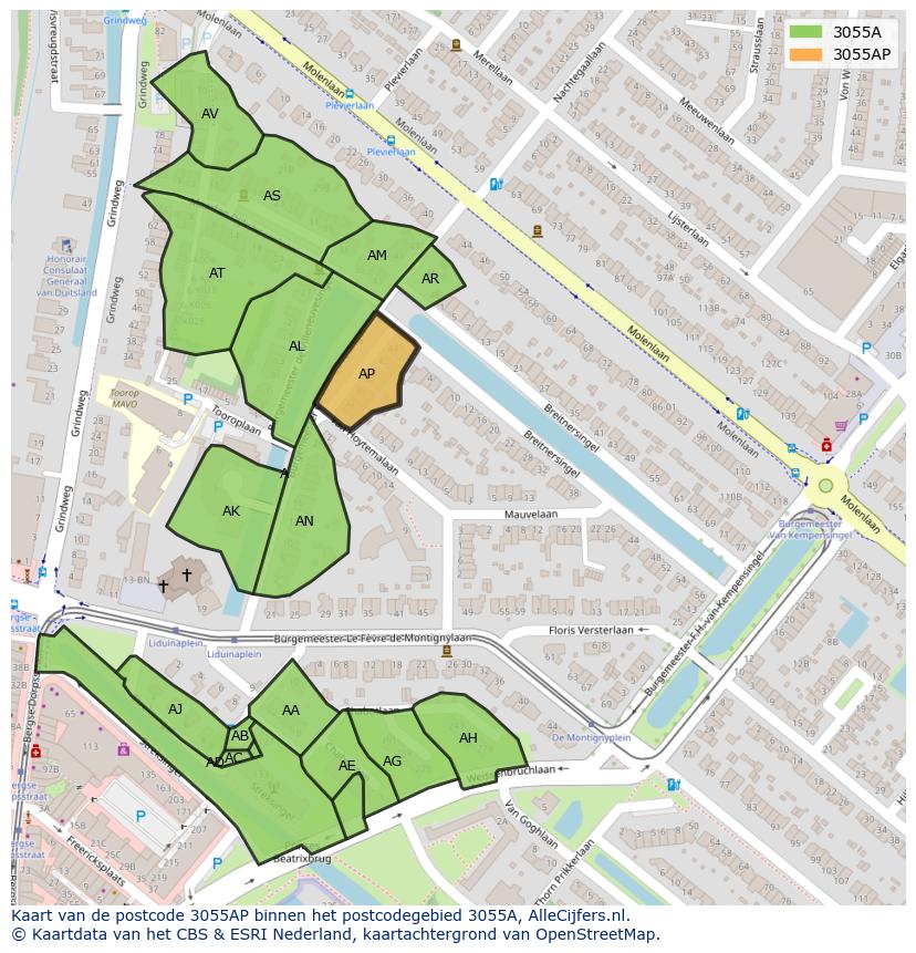 Afbeelding van het postcodegebied 3055 AP op de kaart.