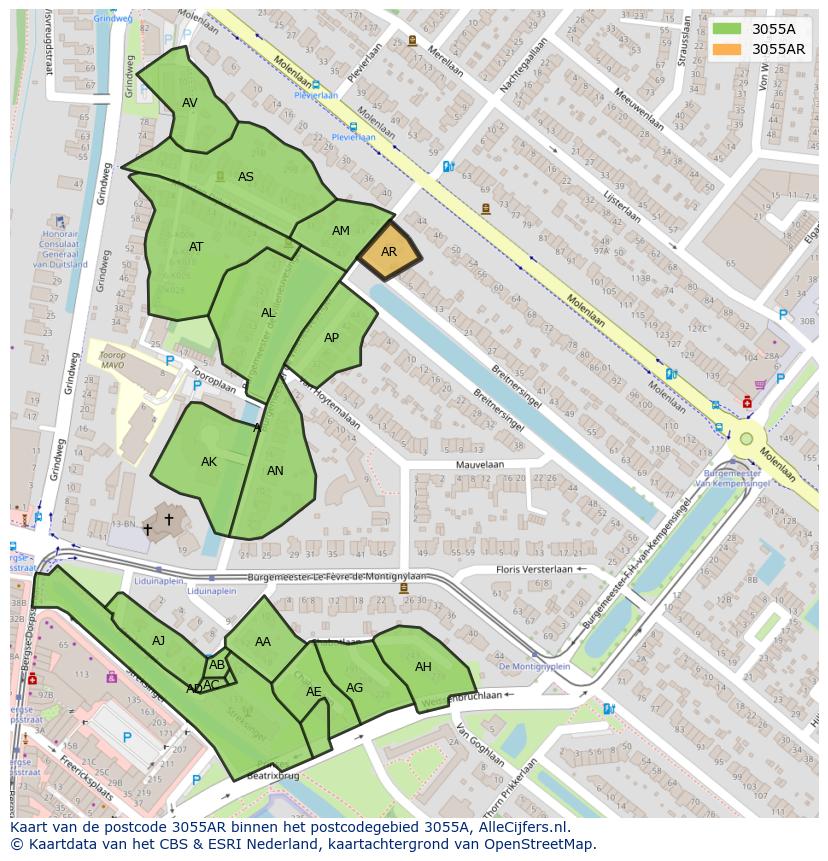 Afbeelding van het postcodegebied 3055 AR op de kaart.