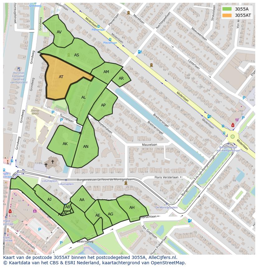 Afbeelding van het postcodegebied 3055 AT op de kaart.